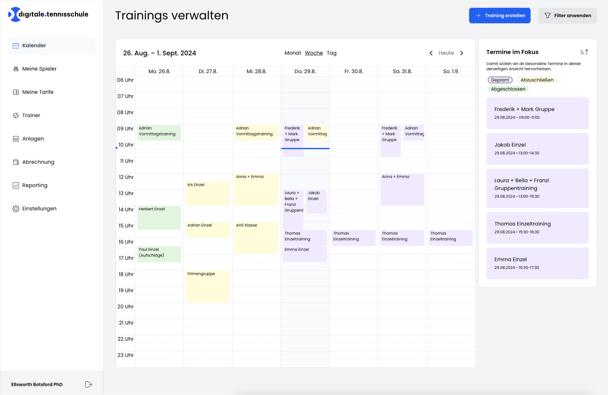 Screenshot booked trainings